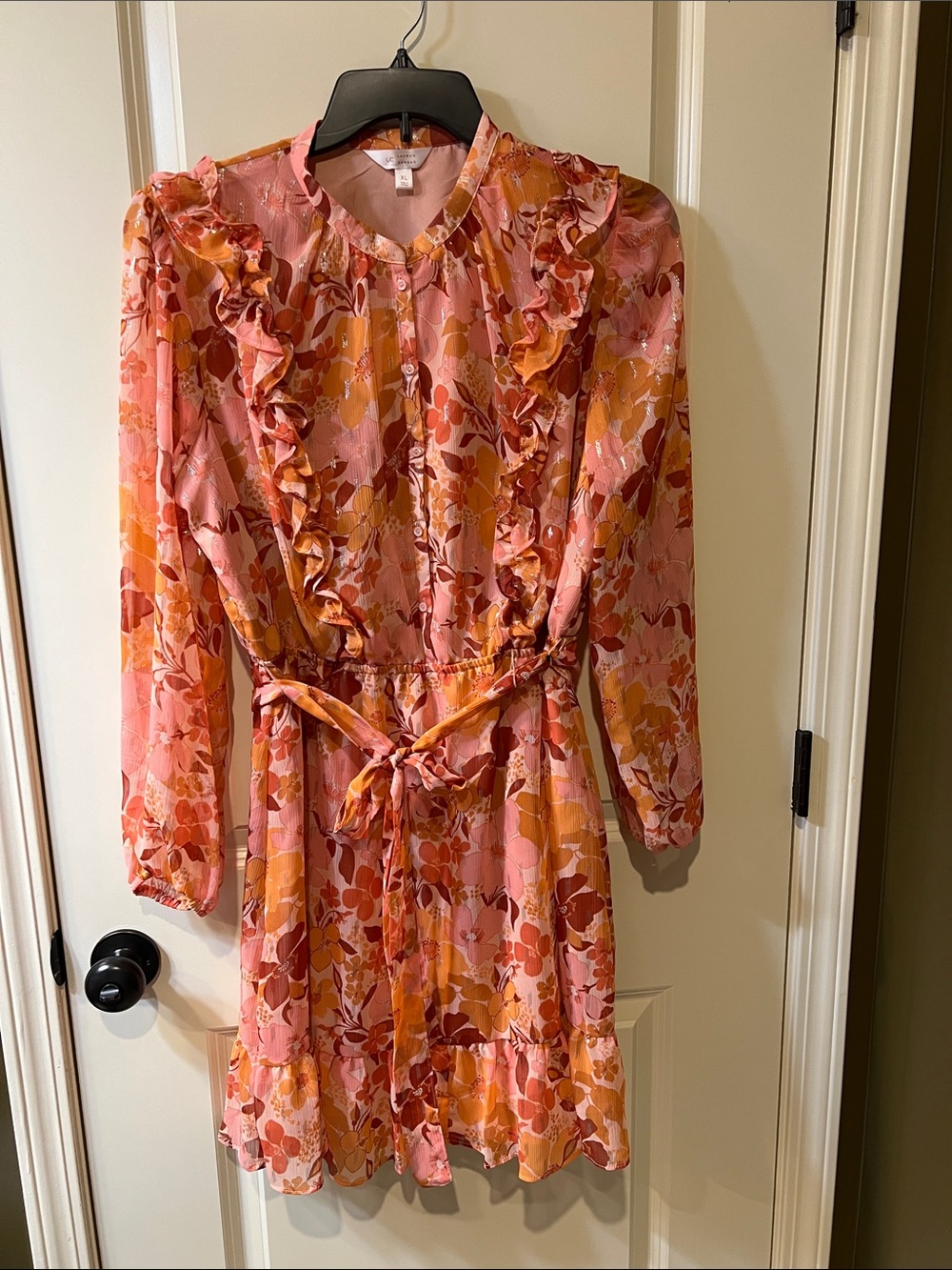 LC Lauren Conrad Pink and Orange Floral Ruffle Mini Dress